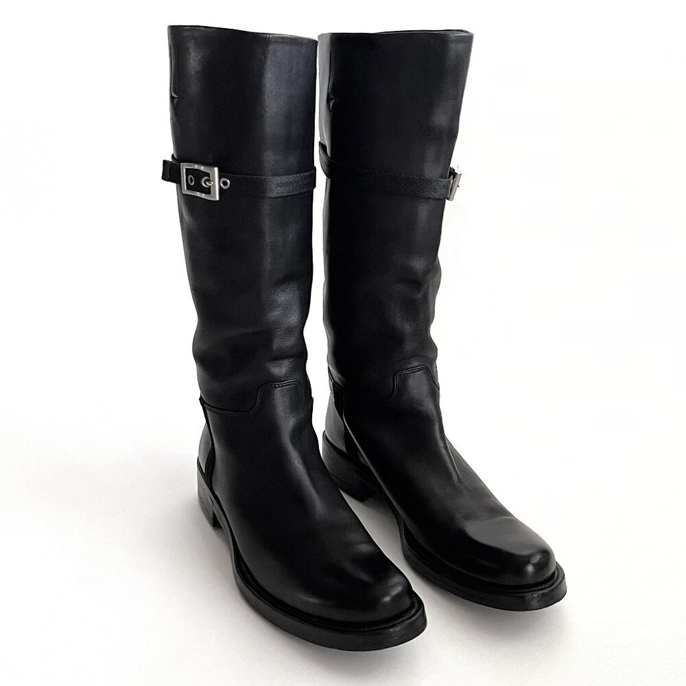 PRADA Black Leather Pull-on Tall Lug Sole Boots with Buckle, Size 37 (US 7)